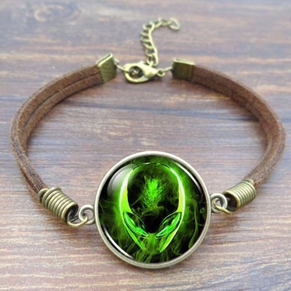 handmade Jewelry - Green ALIEN space leather bracelet mens womens